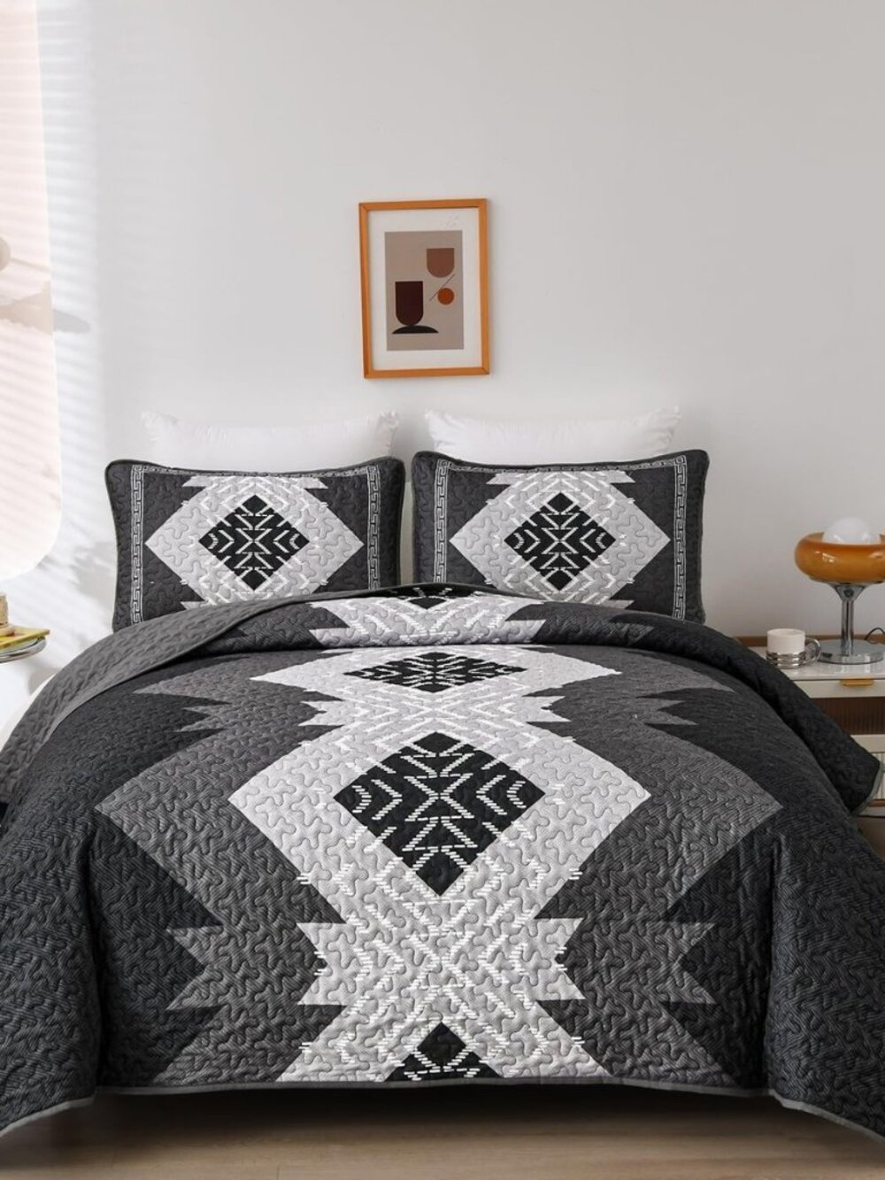 Aztec Quilt Set Queen Size, Black Southwestern Boho Bedspread